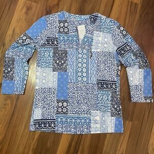 NWT J Mclaughlin Women's S Carly Top 3/4 Sleeve Catalina Cloth Patchwork Blue